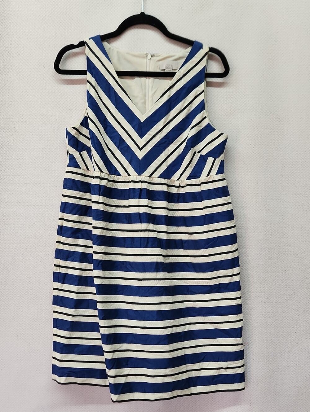 LOFT Blue and White Striped V-Neck Midi Dress